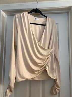 Express Cream Draped Surplice Long Sleeve Blouse